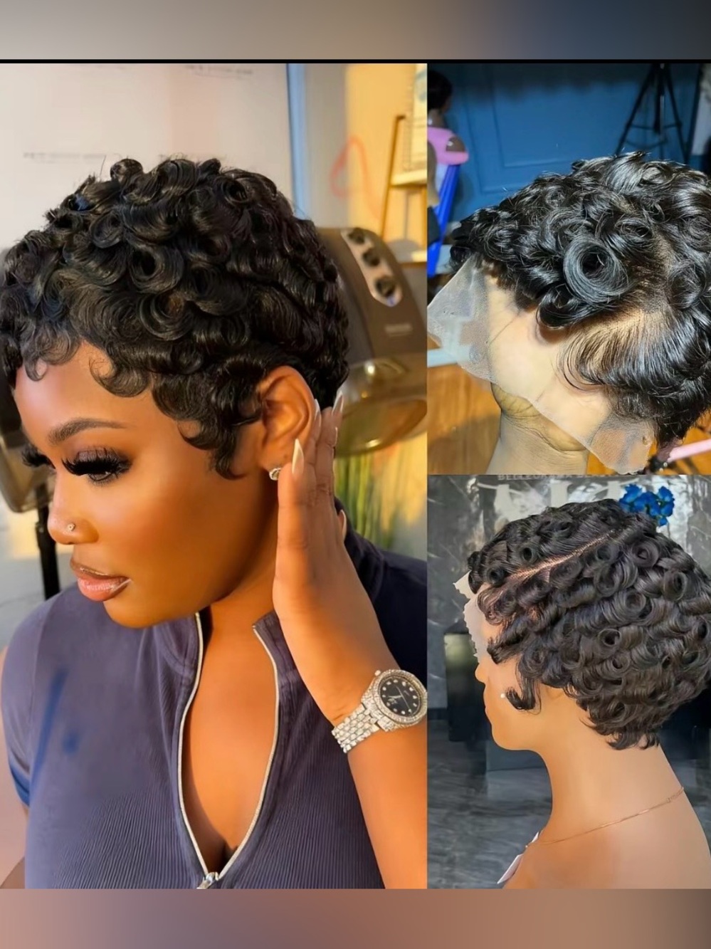 Short curly  Wigs Human Lace Front Wig - Black 13x4